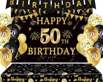 15 PCS Black Gold 50th Birthday Party Decorations 50th Happy Birthday Banner Backdrop for Men Women Birthday Photo Booth Supplies