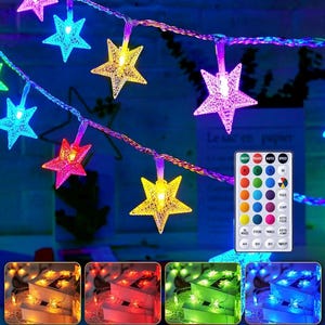 May include: A string of LED star-shaped lights featuring a textured, translucent finish. The lights emit various colors, including blue, yellow, pink, and purple. A rectangular remote control with multiple color and mode buttons is included.