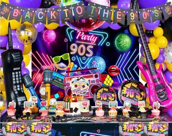 90s Party Decorations 80's 90's Theme Party Bundle includes Inflatable Gitar&Mobile Phone, Back To The 90's Banner, Tablecloth, Cake Toppers