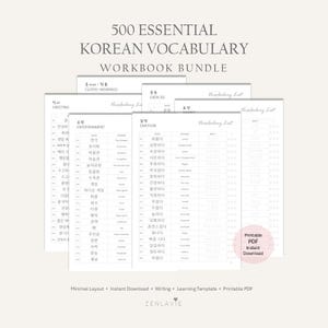 Peut inclure: Un ensemble de cahiers d'exercices de 500 mots de vocabulaire coréen essentiel avec des pages blanches et du texte noir, classés par catégories comme Salutations, Divertissement et Émotion. Un badge rose indique Printable PDF Instant Download.
