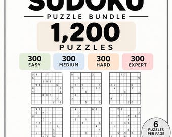 1200 Sudoku 9x9 Puzzles Bundle | Easy · Medium · Hard · Expert 4 Levels (Printable PDF)