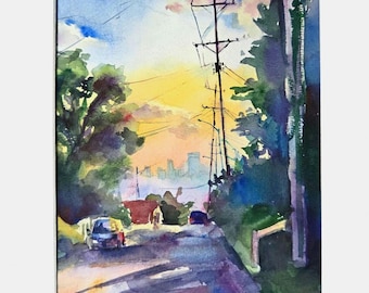 Original Watercolor Cityscape Painting, Pittsburgh Golden Hour Art, Urban Landscape Wall Decor
