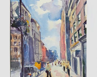 New York City Street Scene Watercolor – Origal Urban Landscape Art.