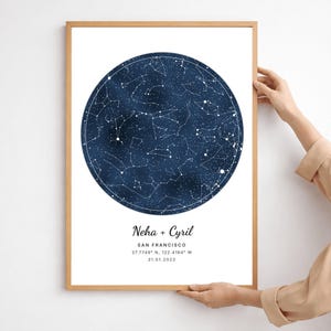 May include: A framed print featuring a dark blue watercolor background with a white constellation map. The names "Neha + Cyril", location, and date are printed below the map. The frame is a light brown color.