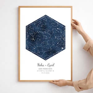 Personalized Night Sky Print, Star Map from the Wedding Date in Hexagon with Couple Names, Perfect Anniversary Gift