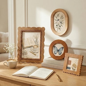May include: A collection of wooden picture frames including one rectangular frame with beaded edges, one oval frame, one circular frame, and one square scalloped frame. The frames display botanical and vintage prints alongside a coffee cup and book.