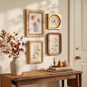 Wood Neutral Picture Frame Set | Botanical Art Framed Tabletop or Wall Display | Twist Rope & Rounded Frames  | Neutral Housewarming Gift