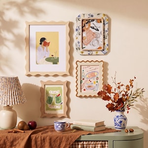 Eclectic Cottage Picture Frame Set | Mixed Gallery Wall Frames | Floral & Fruit Framed Art | Reading Nook Decor  | Wavy Bobbin Frame 4x6 5x7