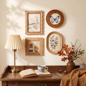 Conjunto de marcos de madera neutros estilo libro para pared, arte enmarcado ovalado y redondo con bordes festoneados, decoración bohemia para escritorio y pared en oficinas en casa, 4x4 y 4x6