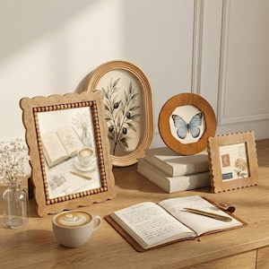 May include: A collection of wooden decor items including a scalloped rectangular frame with beaded trim, an oval frame with an olive branch print, a round frame with a blue butterfly, and a small scalloped square frame. An open journal and coffee cup.