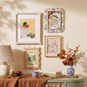 Eclectic Cottage Picture Frame Set | Mixed Gallery Wall Frames | Floral & Fruit Framed Art | Reading Nook Decor  | Wavy Bobbin Frame 4x6 5x7