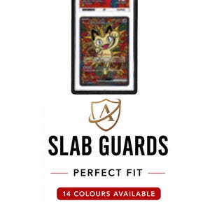 May include: A black protective frame for a graded trading card, featuring a rectangular design. Below the card, the text reads SLAB GUARDS, PERFECT FIT, and 14 COLOURS AVAILABLE, followed by a row of 14 distinct coloured square icons.