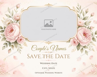 Plantilla de invitación de boda romántica con diseño de peonías rosa rubor y foto (descarga digital)