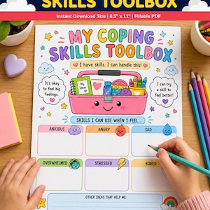 May include: A printable 8.5" x 11" fillable PDF worksheet titled My Coping Skills Toolbox. The page features a pink toolbox illustration, colorful text, and sections for writing coping strategies for feelings like anxious, angry, sad, overwhelmed, stressed, and bored.