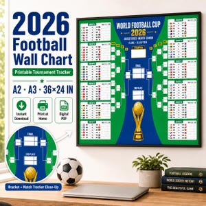 May include: A 2026 World Football Cup wall chart featuring a tournament bracket, group stage tables with national flags, and a gold trophy illustration. The text includes 2026 Football Wall Chart, Printable Tournament Tracker, and A2, A3, 36x24 in.