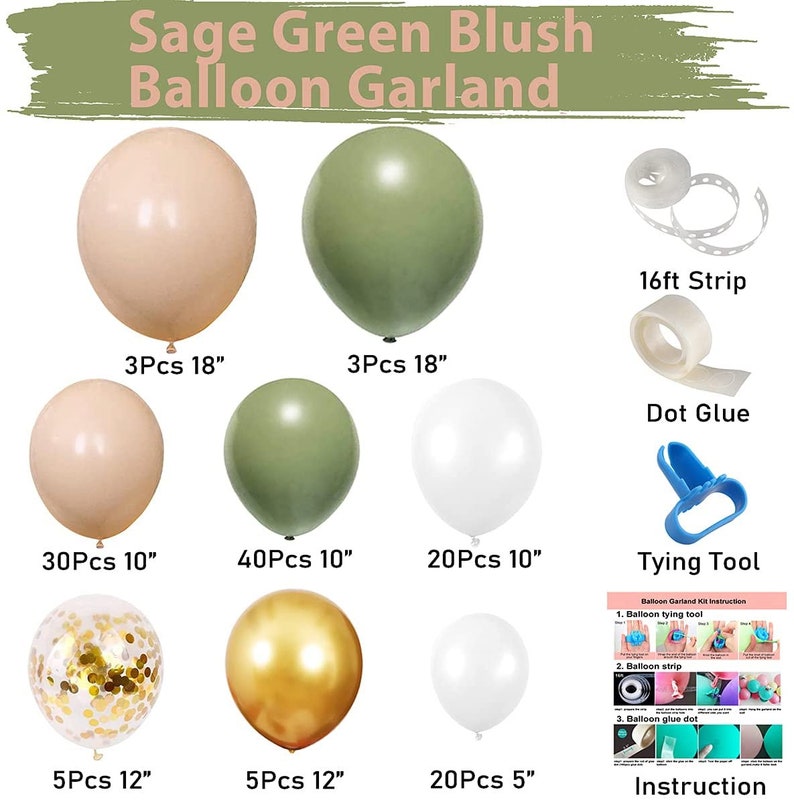 Sage Green Balloon Garland Kit Gold White Balloon With Etsy
