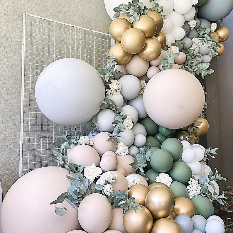 Sage Green Balloon Garland Kit Gold White Balloon With Etsy