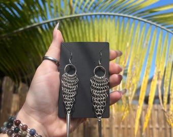 Handmade Chainmail Spike Drop Earrings, Silver-Tone Alternative Jewelry