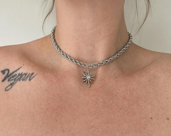 Handmade Chainmail Choker, Celestial Sun Pendant, Stainless Steel Necklace