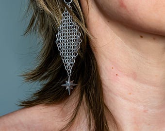 Handmade Chainmail Star Earrings, Stainless Steel Dangle Jewelry