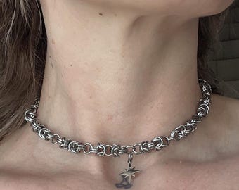 Handmade Byzantine Chainmail Choker, Stainless Steel Star Necklace, Gothic Alternative Jewelry