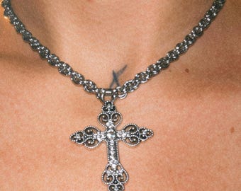 Handmade Stainless Steel Chainmail Cross Choker, Gothic Alternative Necklace