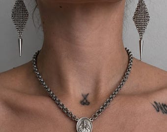 Sacred Heart Chainmail Necklace, Stainless Steel Medallion, Gothic Catholic Jewelry, Spike Accent