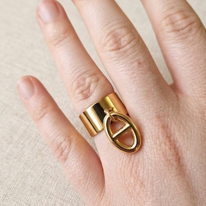 Peut inclure: Une bague dorée avec une large bande et un charm ovale pendant. La bague est portée au doigt, mettant en valeur sa surface brillante. Le charm présente un design distinctif, ajoutant une touche d'élégance au bijou.