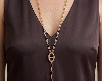 Y-förmige Lasso-Halskette aus vergoldetem Edelstahl • Halskette aus maritimem Netzgewebe • Minimalistischer und eleganter Schmuck • Verstellbare Büroklammerkette