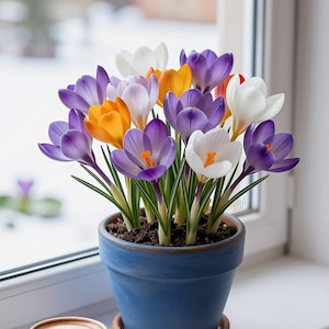 Peut inclure: Un arrangement de fleurs de crocus aux pétales violets, blancs et orange dans un pot bleu. Un café avec un motif de latte art est posé sur un rebord de fenêtre à côté des fleurs.