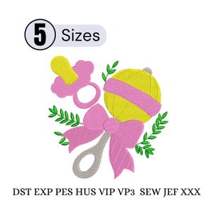 May include: An embroidered design featuring a baby rattle, pacifier, and bow in shades of yellow, pink, and green. The design includes the text "5 Sizes" in a circle. Below the design are the file formats: DST EXP PES HUS VIP VP3 SEW JEF XXX.