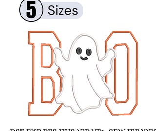 May include: An embroidery design featuring the word BOO with an orange outline, where the letter O is replaced by a white ghost with black eyes and a mouth. The text 5 Sizes appears at the top, and file formats DST EXP PES HUS VIP VP3 SEW JEF XXX below.