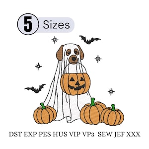 May include: An embroidery design featuring a dog dressed as a ghost holding an orange jack-o'-lantern bucket, surrounded by three pumpkins, bats, and stars. The text 5 Sizes is at the top, and file formats DST, EXP, PES, HUS, VIP, VP3, SEW, JEF, XXX are at the bottom.