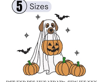May include: An embroidery design featuring a dog dressed as a ghost holding an orange jack-o'-lantern bucket, surrounded by three pumpkins, bats, and stars. The text 5 Sizes is at the top, and file formats DST, EXP, PES, HUS, VIP, VP3, SEW, JEF, XXX are at the bottom.