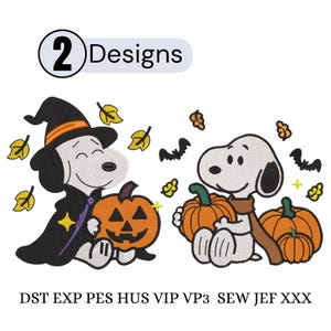 May include: Two machine embroidery designs featuring a white beagle character. One design shows the beagle in a black witch hat and cape holding a jack-o'-lantern with yellow leaves and stars. The other shows the beagle with a brown scarf and pumpkins. Text: 2 Designs, DST EXP PES HUS VIP VP3 SEW JEF XXX.