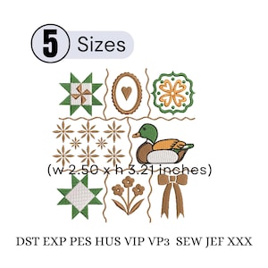 Puede incluir: Un archivo de diseño de bordado con una cuadrícula de motivos que incluye una estrella verde, un corazón en un marco ovalado, un trébol, un pato real, flores y un lazo. El texto incluye 5 Sizes, w 2.50 x h 3.21 inches y los formatos DST EXP PES HUS VIP VP3 SEW JEF XXX.