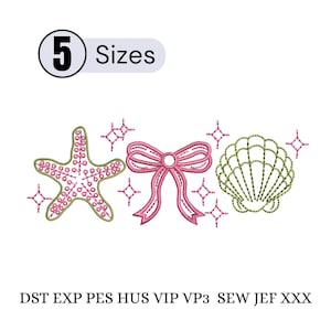 May include: An image featuring embroidery designs of a starfish, a bow, and a seashell, all in pink and green. The designs are accompanied by sparkling star accents. The text "5 Sizes" is displayed above the designs.