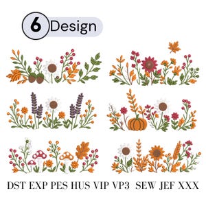 May include: Six machine embroidery designs featuring autumn-themed floral arrangements with pumpkins, mushrooms, sunflowers, berries, and leaves in orange, red, brown, and green. The text 6 Design and file formats DST, EXP, PES, HUS, VIP, VP3, SEW, JEF, XXX are visible.
