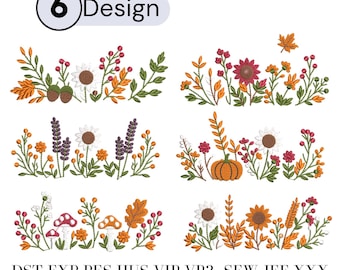 May include: Six machine embroidery designs featuring autumn-themed floral arrangements with pumpkins, mushrooms, sunflowers, berries, and leaves in orange, red, brown, and green. The text 6 Design and file formats DST, EXP, PES, HUS, VIP, VP3, SEW, JEF, XXX are visible.