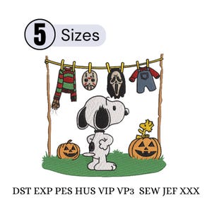 May include: An embroidery design featuring a white beagle standing on green grass between two pumpkins. Above, a clothesline holds a striped sweater, a hockey mask, a ghost mask, and blue overalls. Text includes 5 Sizes and file formats DST EXP PES HUS VIP VP3 SEW JEF XXX.