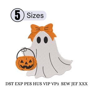 May include: An embroidery design featuring a white ghost with black eyes, wearing an orange bow on its head and holding an orange jack-o'-lantern candy bucket. The text 5 Sizes appears at the top, and file formats DST EXP PES HUS VIP VP3 SEW JEF XXX are listed at the bottom.