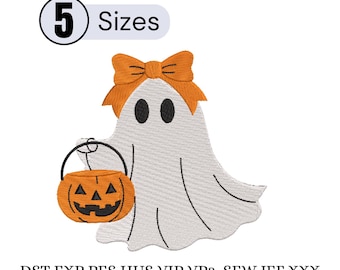 May include: An embroidery design featuring a white ghost with black eyes, wearing an orange bow on its head and holding an orange jack-o'-lantern candy bucket. The text 5 Sizes appears at the top, and file formats DST EXP PES HUS VIP VP3 SEW JEF XXX are listed at the bottom.