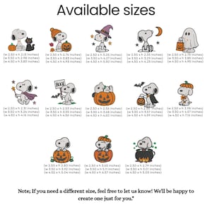 May include: A collection of fourteen Snoopy embroidery designs featuring Halloween themes like pumpkins, ghosts, and costumes. Each design includes text listing available sizes in inches. The image includes the text Available sizes.