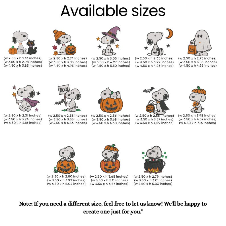 May include: A collection of fourteen Snoopy embroidery designs featuring Halloween themes like pumpkins, ghosts, and costumes. Each design includes text listing available sizes in inches. The image includes the text Available sizes.