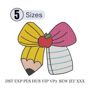 May include: A colorful school-themed design featuring a bow with a pencil and striped elements. A red apple with a green leaf is in the center. The design includes the text "5 Sizes" and embroidery file formats.