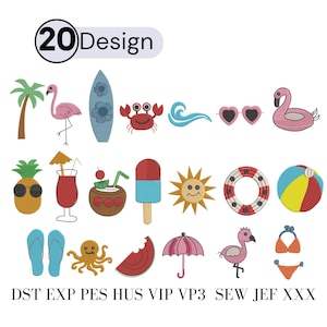 May include: A collection of 20 embroidered summer-themed designs. The designs include a palm tree, flamingo, surfboard, crab, wave, heart-shaped sunglasses, a popsicle, sun, life preserver, beach ball, flip-flops, octopus, watermelon, umbrella, and a bikini.