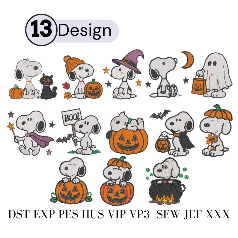 May include: A collection of 13 machine embroidery designs featuring Snoopy in various Halloween costumes and scenes, including pumpkins, a witch hat, a ghost sheet, and a cauldron. The text 13 Design and file formats DST, EXP, PES, HUS, VIP, VP3, SEW, JEF, XXX are visible.