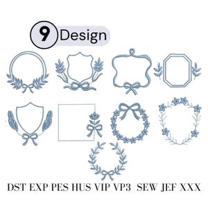 Monogramm Rahmen Stickmuster - Elegante Kranz & Schleifen Bordüren (PES, DST, EXP)