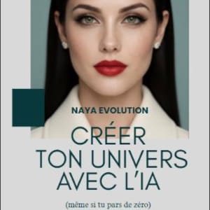 Peut inclure: Image promotionnelle avec une femme aux cheveux noirs et rouge à lèvres rouge. Le texte "NAYA EVOLUTION" est en haut, avec les mots "CRÉER TON UNIVERS AVEC L'IA" en dessous, et "(même si tu pars de zéro)" en bas. Le fond est gris clair.