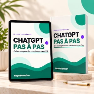 May include: A tablet and a physical book titled ChatGPT Pas à Pas, Le Guide Pour Débuter, Créer ses premiers contenus avec l'IA by Naya Evolution. Both feature white covers with green wave graphics, purple dots, and bold black and green text.